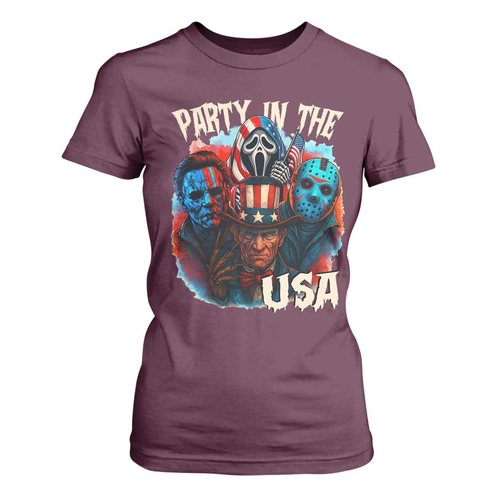 Funny Creepy 4th Of July Party In The USA T Shirt For Women 4th Of July Horror Movie Independence Day TS11 Maroon Print Your Wear