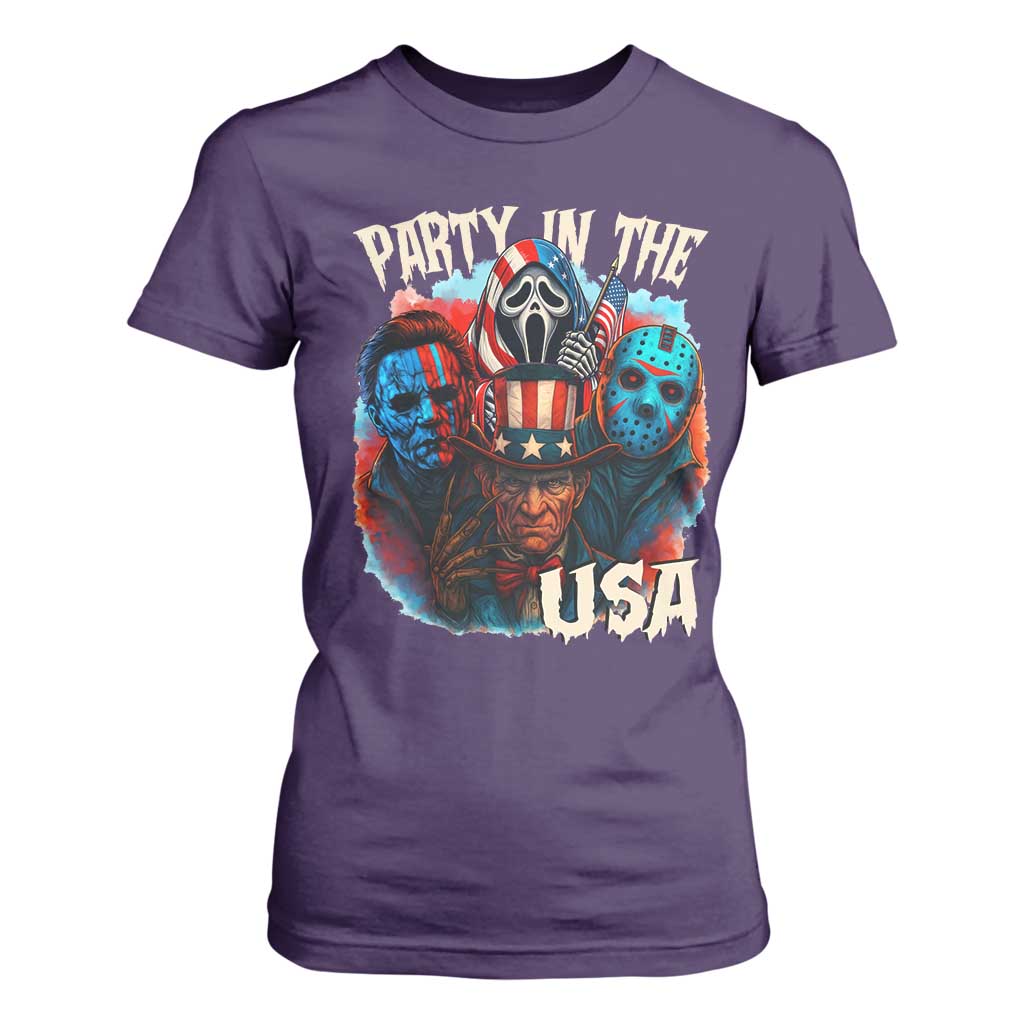 Funny Creepy 4th Of July Party In The USA T Shirt For Women 4th Of July Horror Movie Independence Day TS11 Purple Print Your Wear