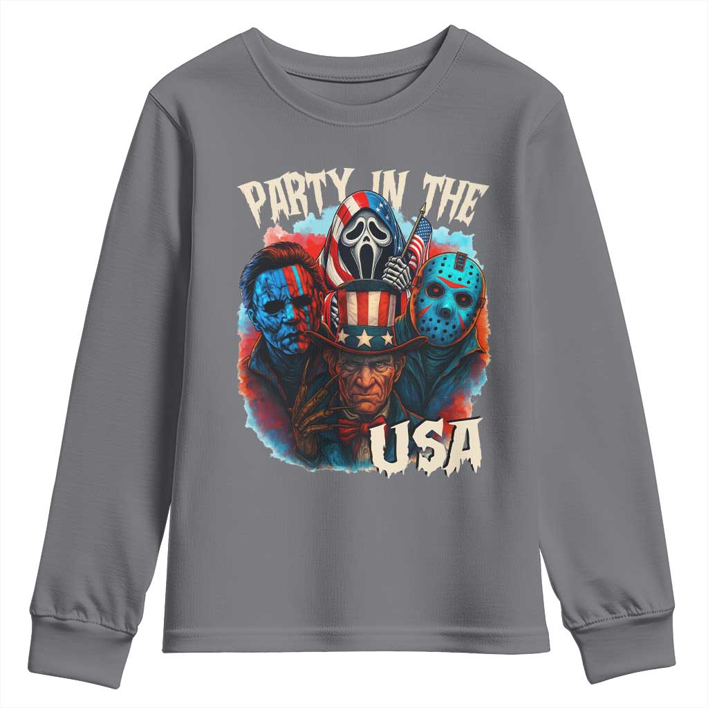 Funny Creepy 4th Of July Party In The USA Youth Sweatshirt 4th Of July Horror Movie Independence Day TS11 Charcoal Print Your Wear