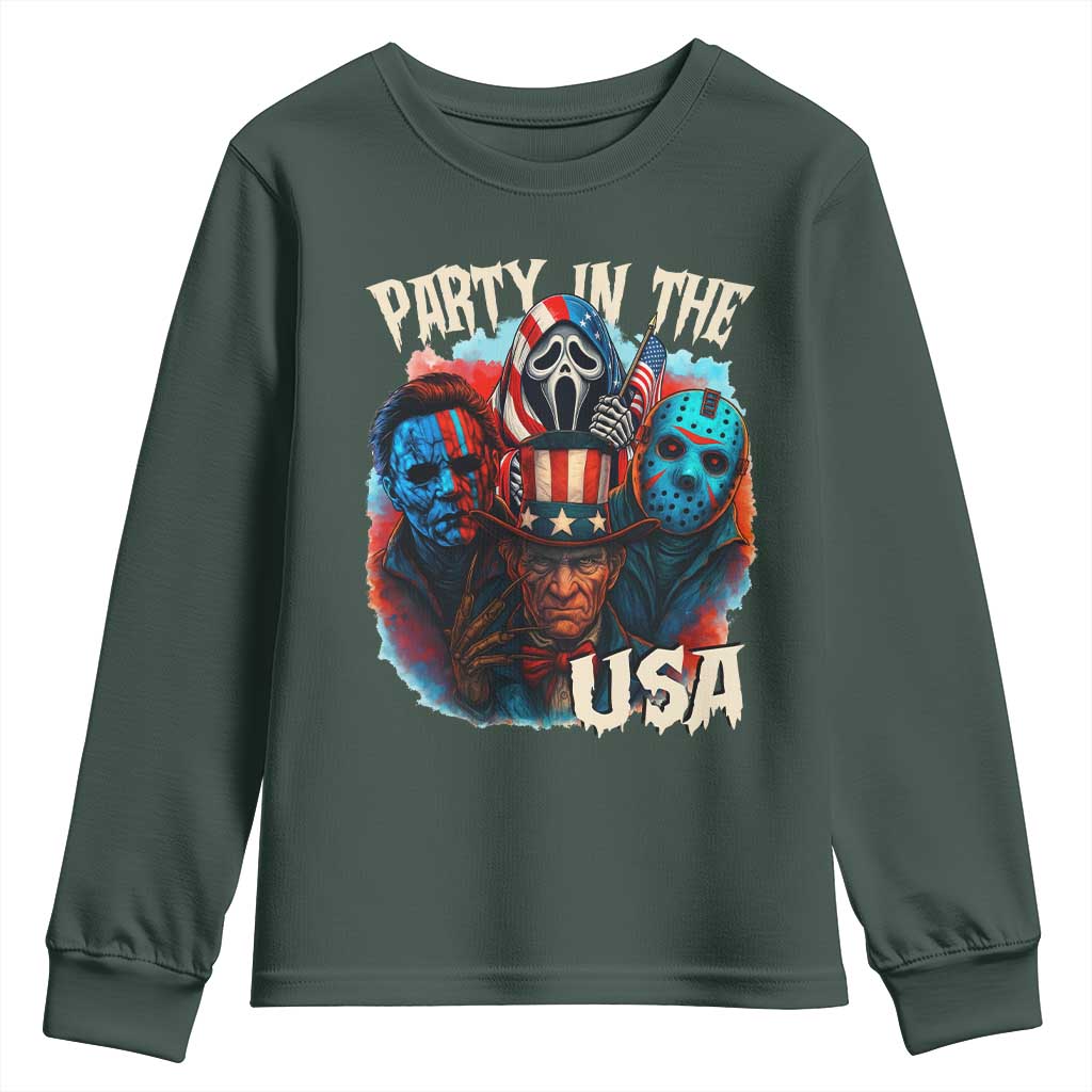 Funny Creepy 4th Of July Party In The USA Youth Sweatshirt 4th Of July Horror Movie Independence Day TS11 Dark Forest Green Print Your Wear