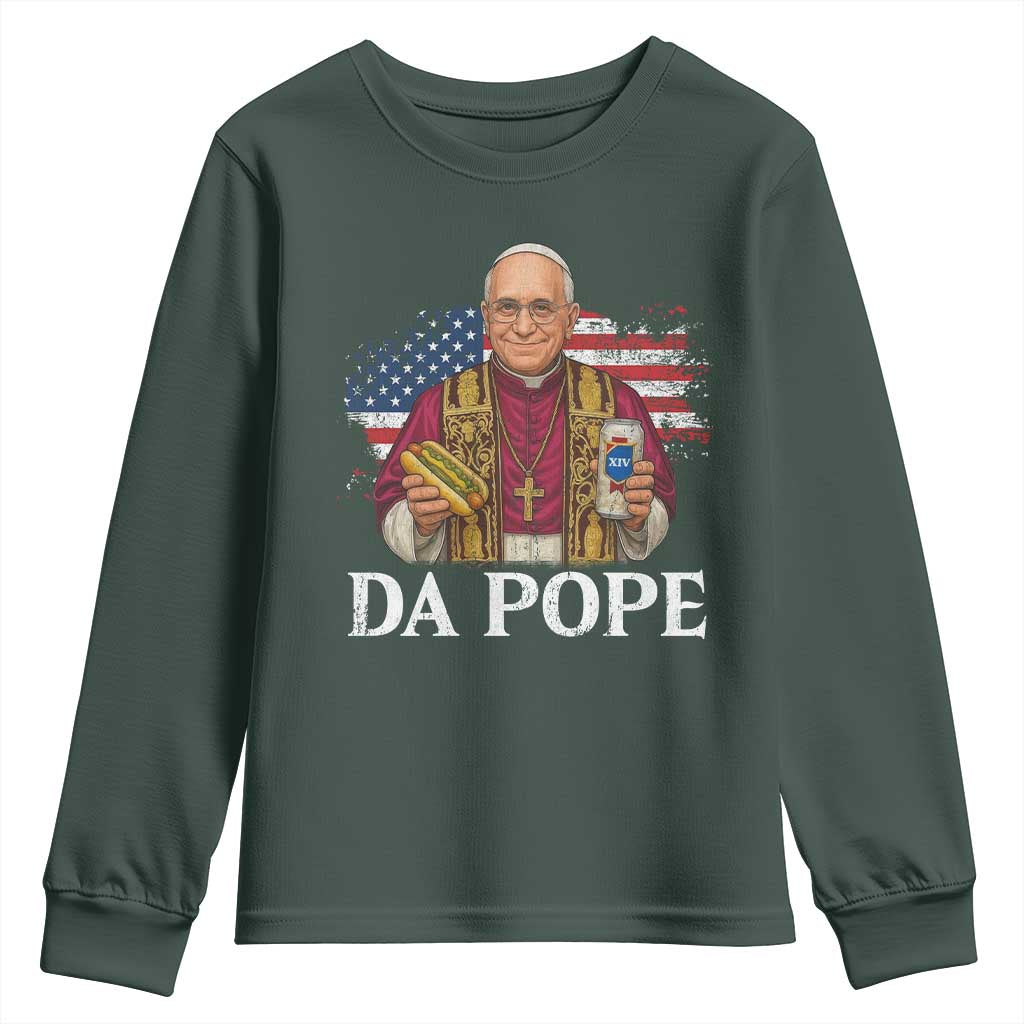 Funny Da Pope America Chicago Leo XIV Youth Sweatshirt Hotdog And Beer TS11 Dark Forest Green Print Your Wear