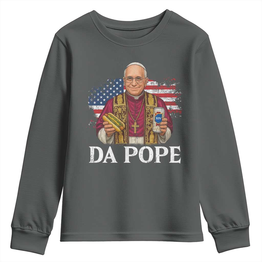 Funny Da Pope America Chicago Leo XIV Youth Sweatshirt Hotdog And Beer TS11 Dark Heather Print Your Wear