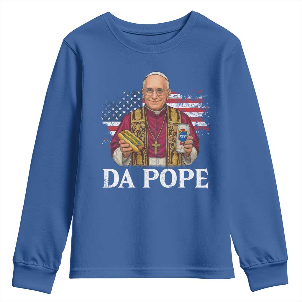 Funny Da Pope America Chicago Leo XIV Youth Sweatshirt Hotdog And Beer TS11 Royal Blue Print Your Wear