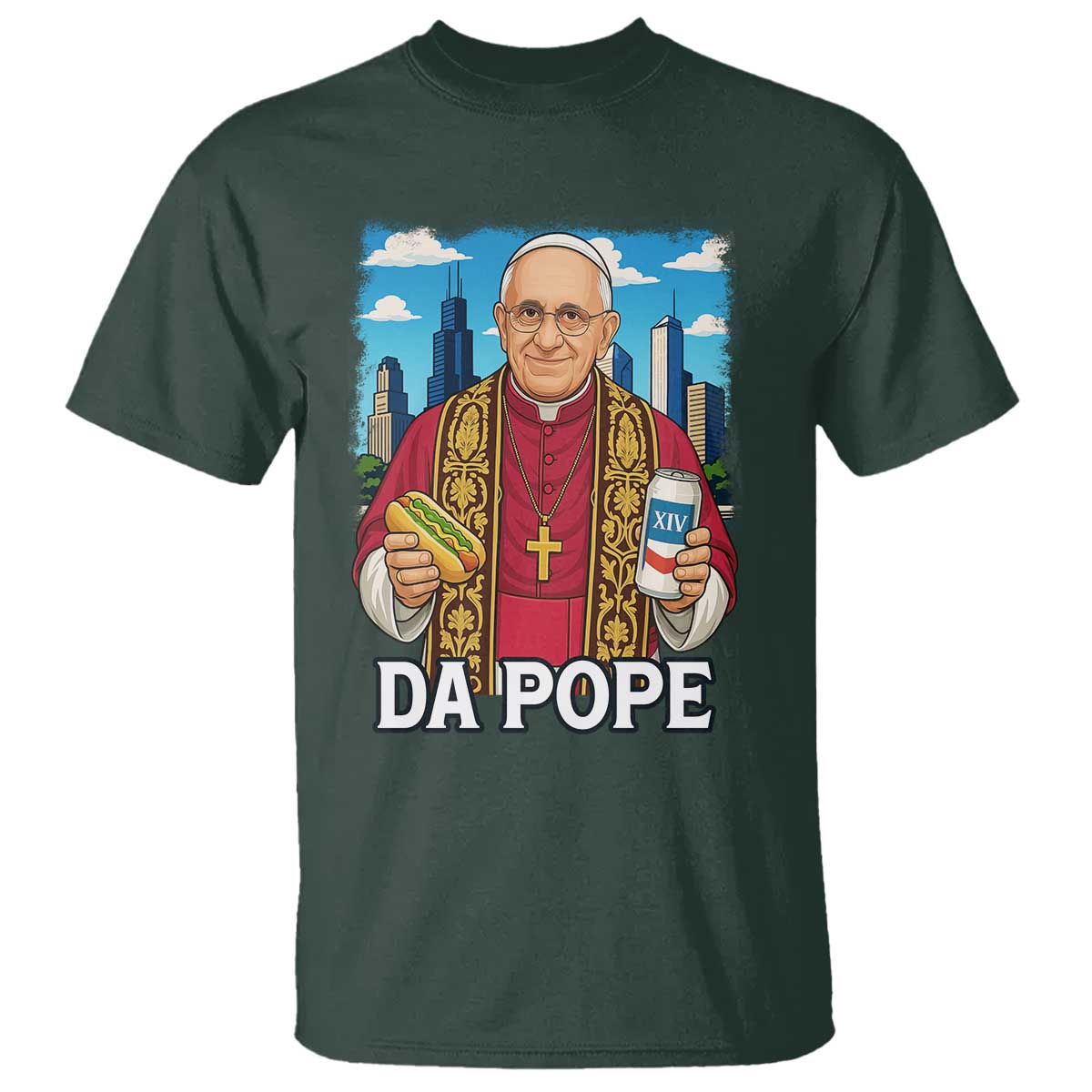 Funny Da Pope Leo XIV T Shirt 267th Pope Chicago Hot Dog and Beer TS02 Dark Forest Green Print Your Wear