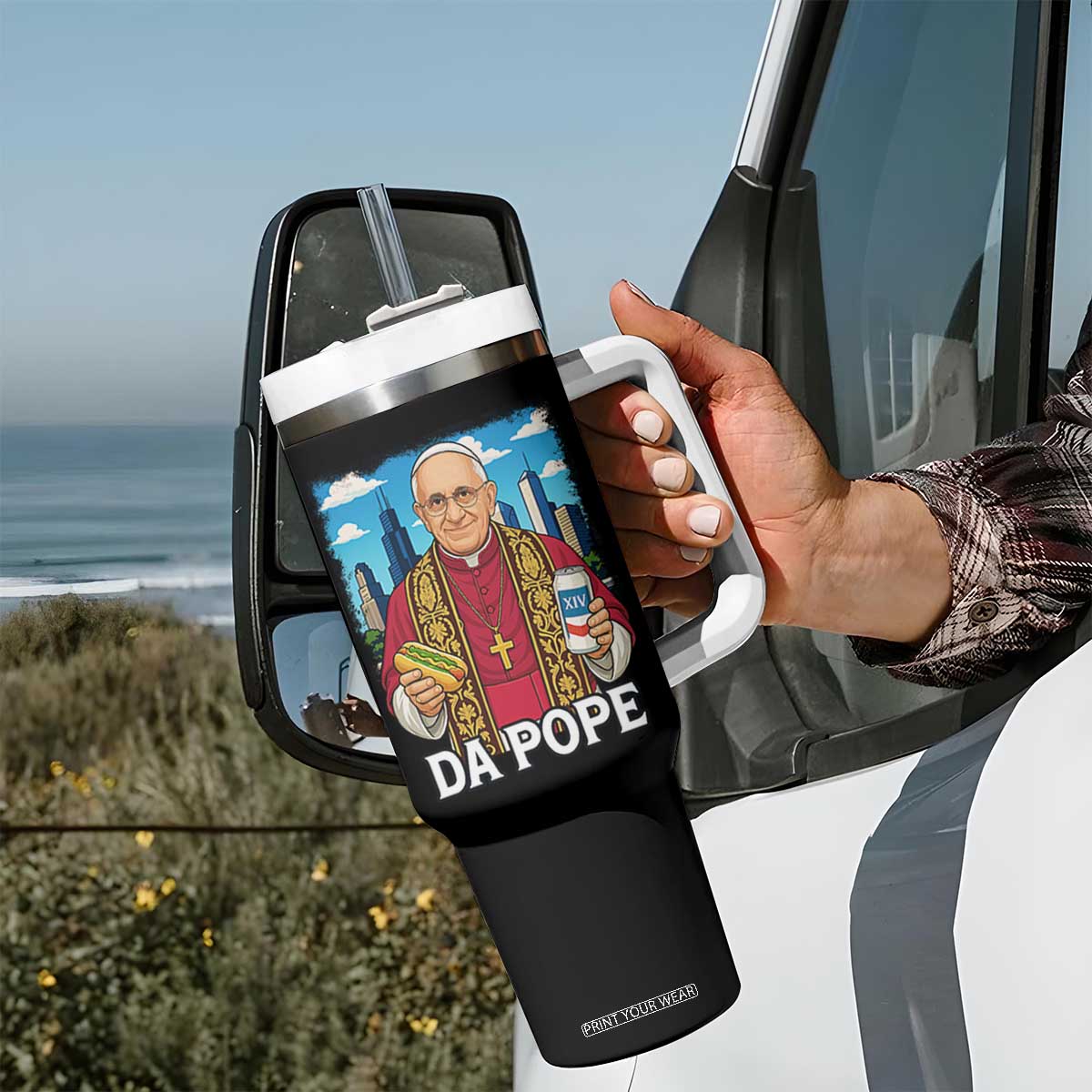 Funny Da Pope Leo XIV Tumbler With Handle 267th Pope Chicago Hot Dog and Beer TS02 Print Your Wear