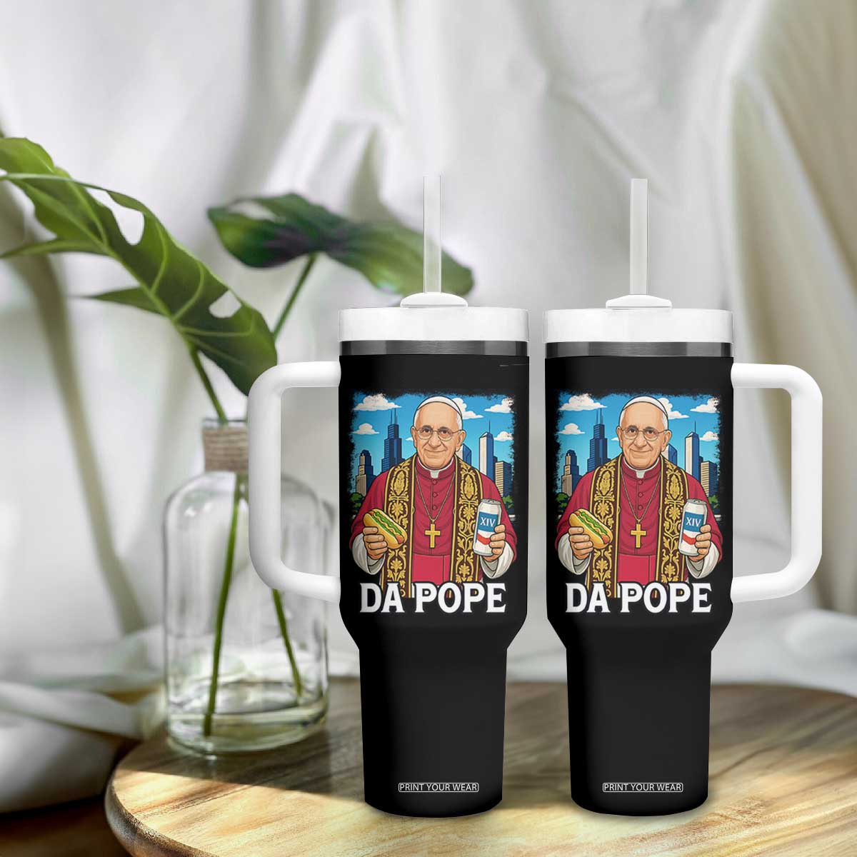 Funny Da Pope Leo XIV Tumbler With Handle 267th Pope Chicago Hot Dog and Beer TS02 Print Your Wear