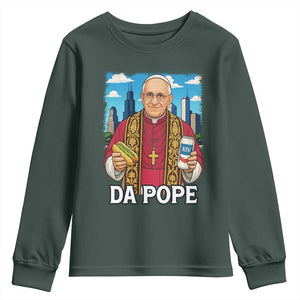 Funny Da Pope Leo XIV Youth Sweatshirt 267th Pope Chicago Hot Dog and Beer TS02 Dark Forest Green Print Your Wear
