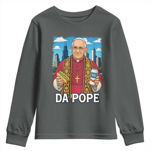 Funny Da Pope Leo XIV Youth Sweatshirt 267th Pope Chicago Hot Dog and Beer TS02 Dark Heather Print Your Wear