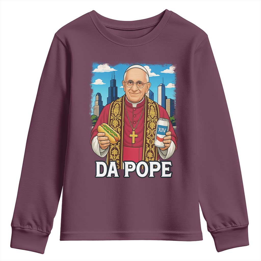 Funny Da Pope Leo XIV Youth Sweatshirt 267th Pope Chicago Hot Dog and Beer TS02 Maroon Print Your Wear