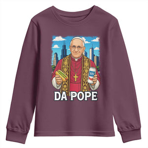 Funny Da Pope Leo XIV Youth Sweatshirt 267th Pope Chicago Hot Dog and Beer TS02 Maroon Print Your Wear