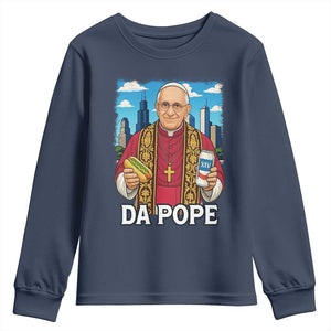 Funny Da Pope Leo XIV Youth Sweatshirt 267th Pope Chicago Hot Dog and Beer TS02 Navy Print Your Wear