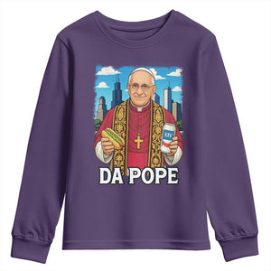 Funny Da Pope Leo XIV Youth Sweatshirt 267th Pope Chicago Hot Dog and Beer TS02 Purple Print Your Wear