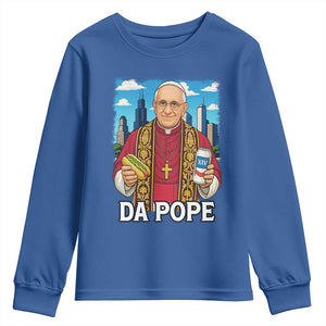 Funny Da Pope Leo XIV Youth Sweatshirt 267th Pope Chicago Hot Dog and Beer TS02 Royal Blue Print Your Wear