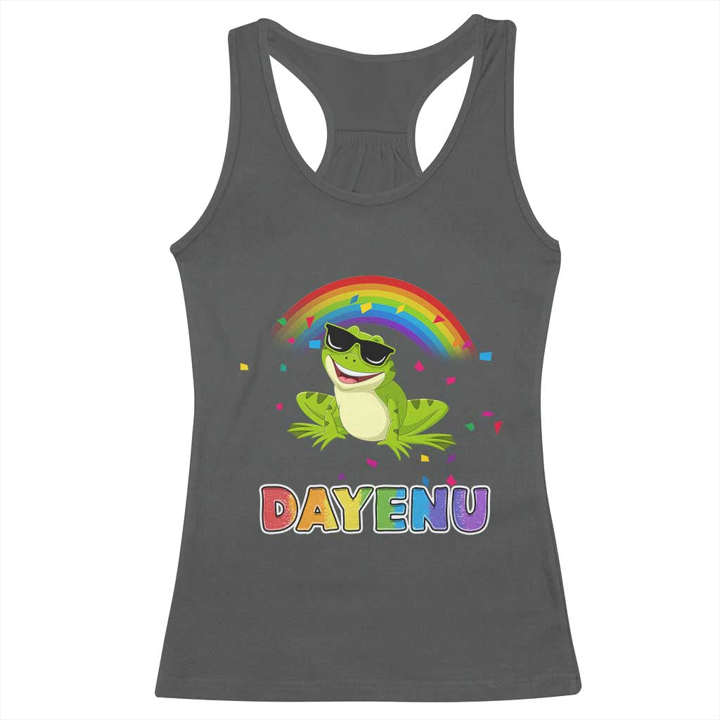 Funny Dayenu Frog Rainbow Racerback Tank Top Passover Celebration with Pride Vibes TS02 Dark Heather Print Your Wear