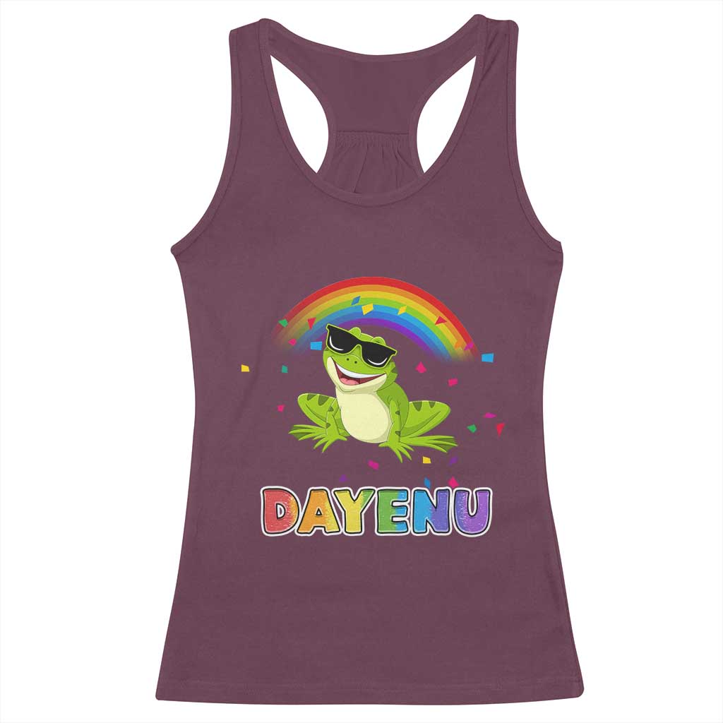 Funny Dayenu Frog Rainbow Racerback Tank Top Passover Celebration with Pride Vibes TS02 Maroon Print Your Wear
