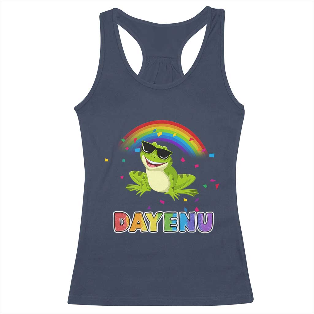 Funny Dayenu Frog Rainbow Racerback Tank Top Passover Celebration with Pride Vibes TS02 Navy Print Your Wear