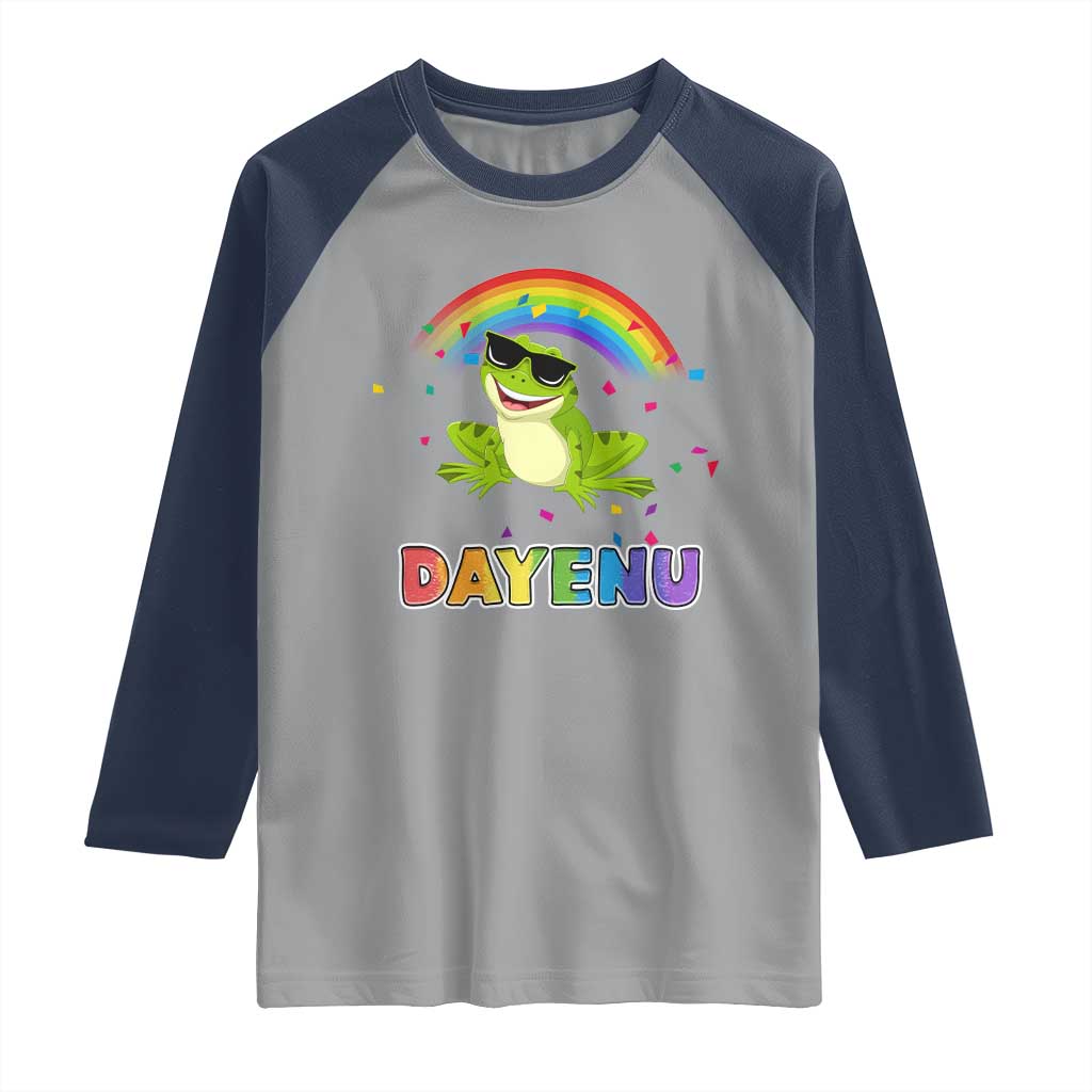 Funny Dayenu Frog Rainbow Raglan Shirt Passover Celebration with Pride Vibes TS02 Sport Gray Navy Print Your Wear