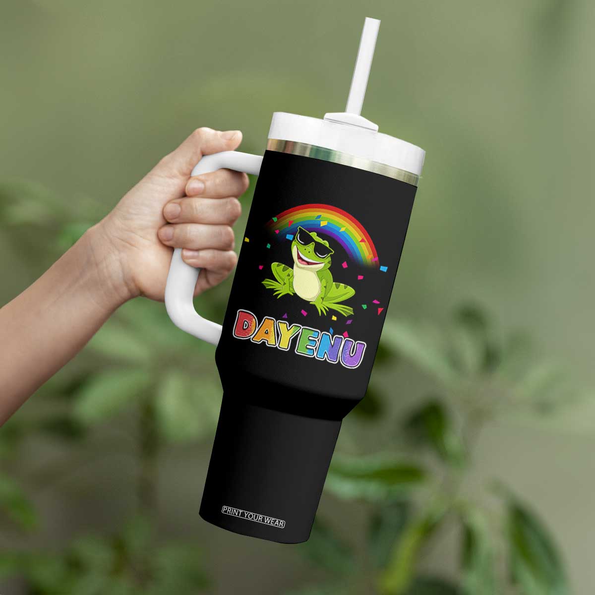 Funny Dayenu Frog Rainbow Tumbler With Handle Passover Celebration with Pride Vibes TS02 Print Your Wear
