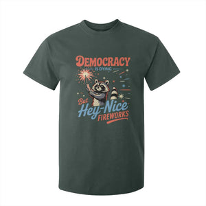 Funny Democracy Is Dying But Hey Nice Fireworks T Shirt For Kid Racoon 4th Of July TS11 Dark Forest Green Print Your Wear