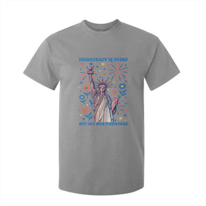 Funny Democracy Is Dying But Hey Nice Fireworks T Shirt For Kid Statue of Liberty Red and White Patriotic 4th of July TS02 Sport Gray Print Your Wear