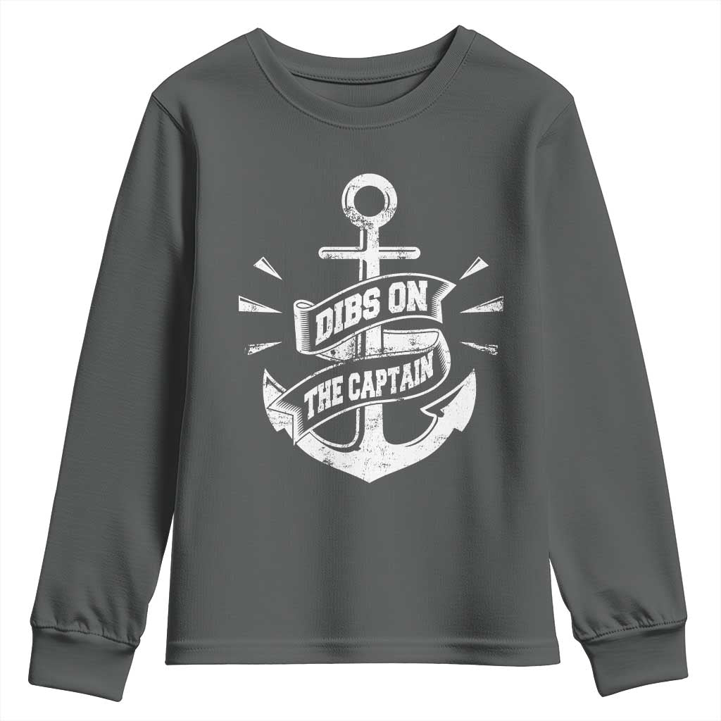 Funny Dibs On The Captain Youth Sweatshirt Boating Boat Lover Vintage Anchor TS11 Dark Heather Print Your Wear