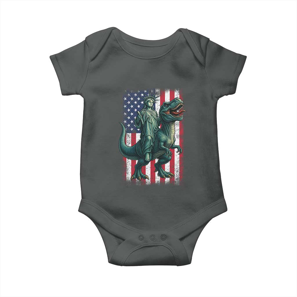 Funny Dinosaur Statue Of Liberty 4th Of July Baby Onesie American Flag TS11 Dark Heather Print Your Wear