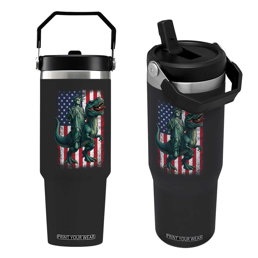 Funny Dinosaur Statue Of Liberty 4th Of July Flip Straw Tumbler American Flag TS11 One Size: 30 oz Black Print Your Wear