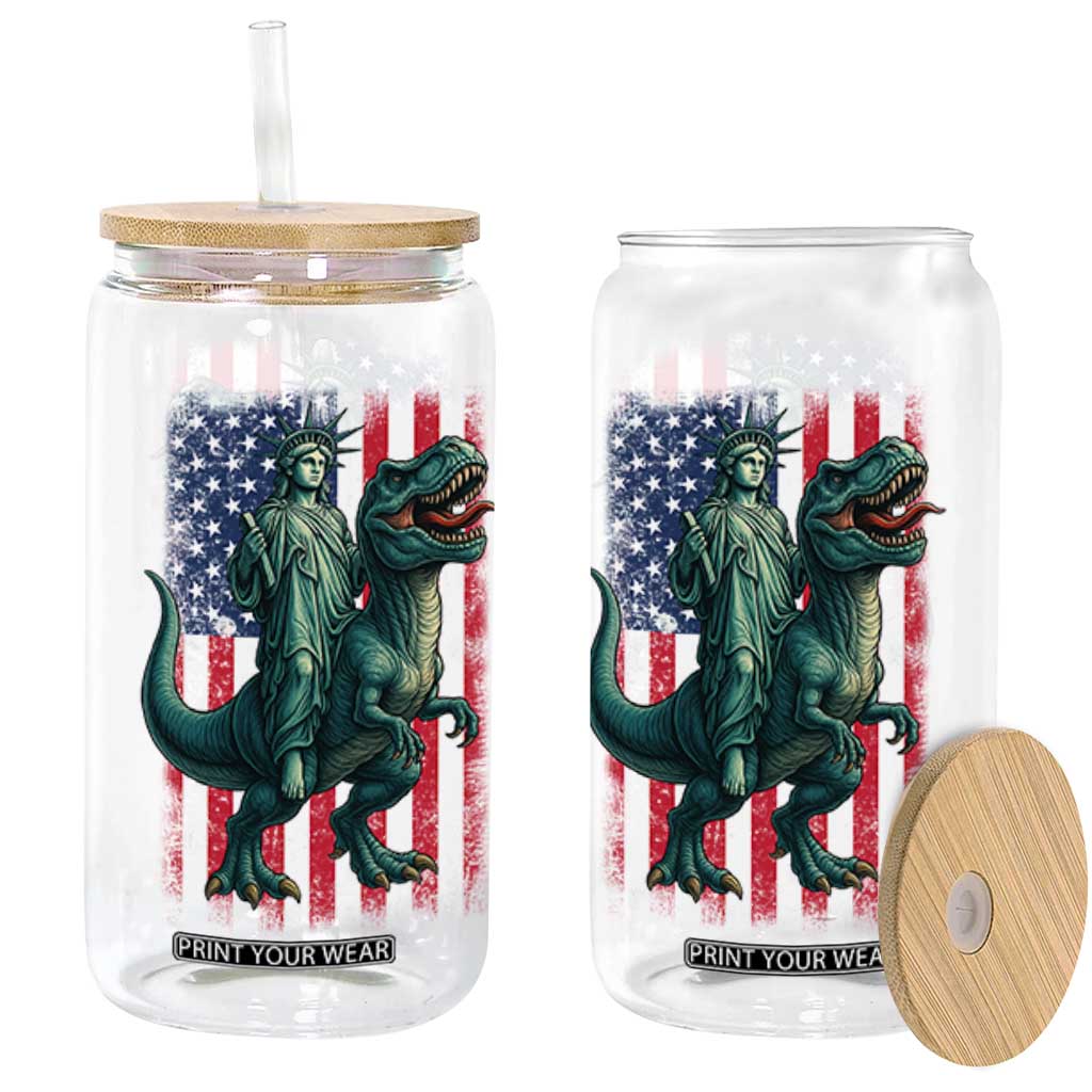Funny Dinosaur Statue Of Liberty 4th Of July Glass Can American Flag TS11 Black Print Your Wear