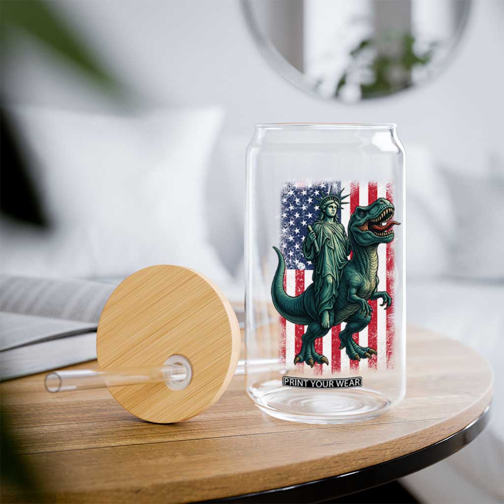 Funny Dinosaur Statue Of Liberty 4th Of July Glass Can American Flag TS11 Print Your Wear