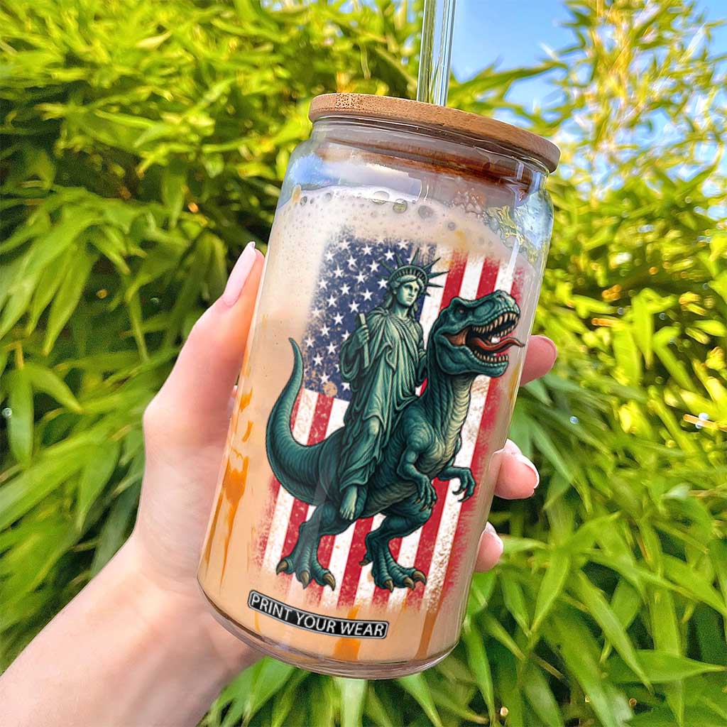 Funny Dinosaur Statue Of Liberty 4th Of July Glass Can American Flag TS11 Print Your Wear