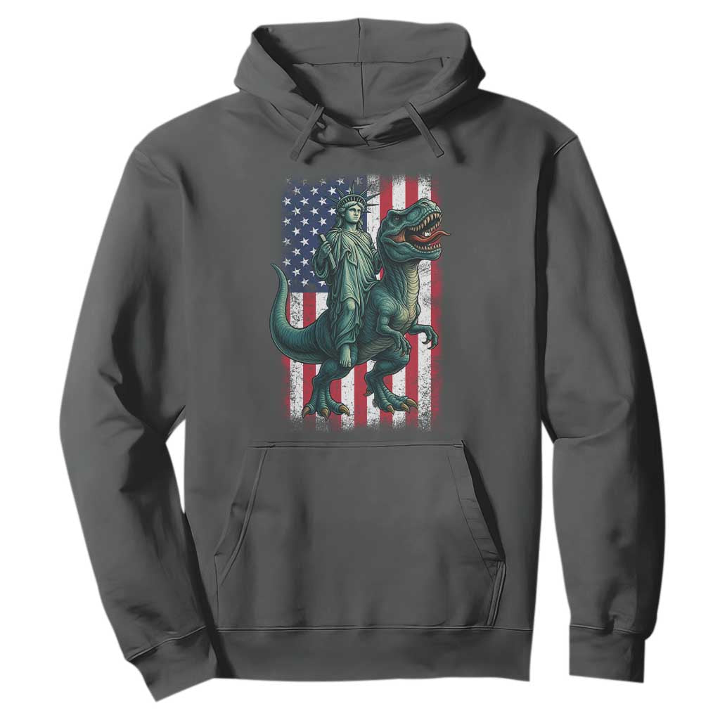 Funny Dinosaur Statue Of Liberty 4th Of July Hoodie American Flag TS11 Dark Heather Print Your Wear