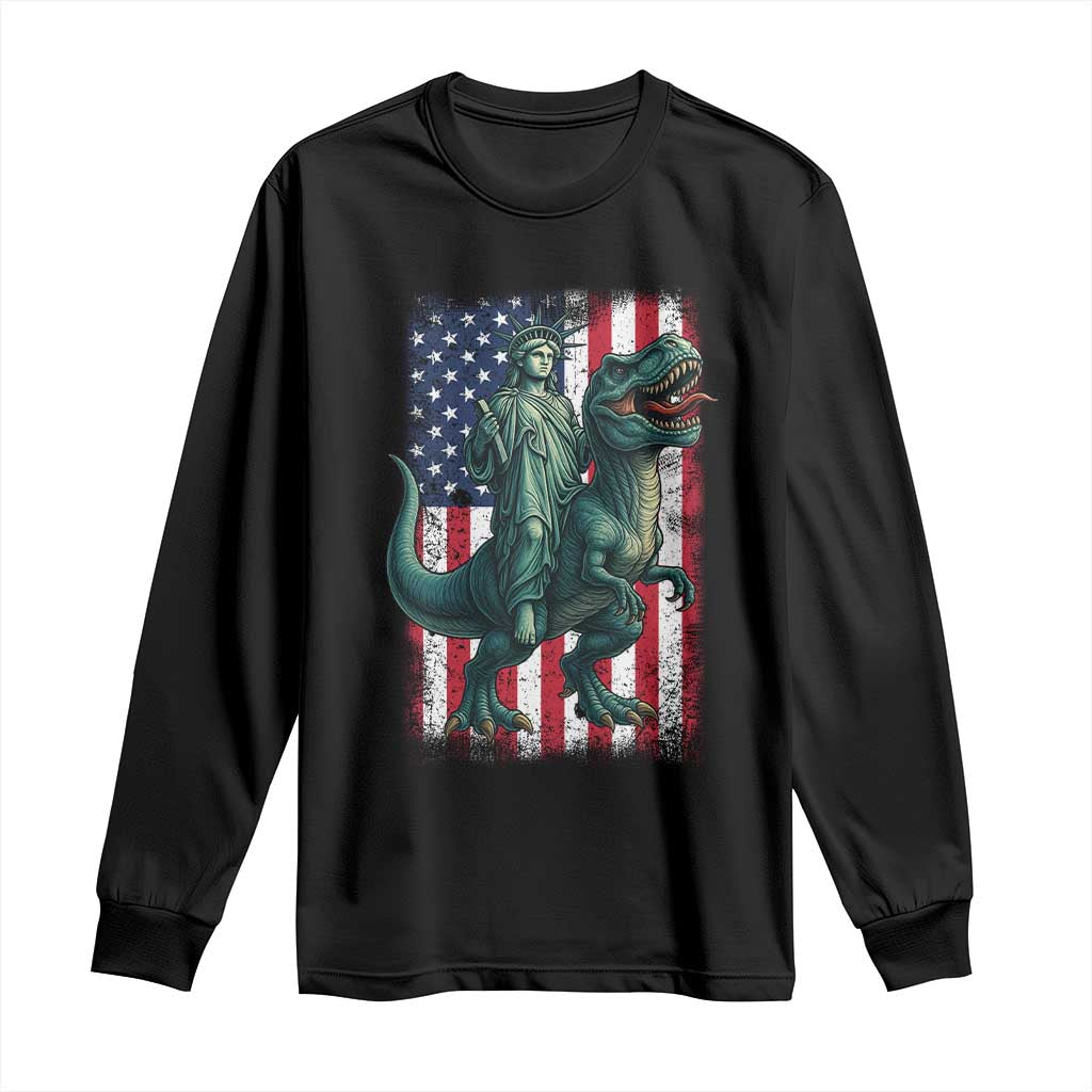 Funny Dinosaur Statue Of Liberty 4th Of July Long Sleeve Shirt American Flag TS11 Black Print Your Wear