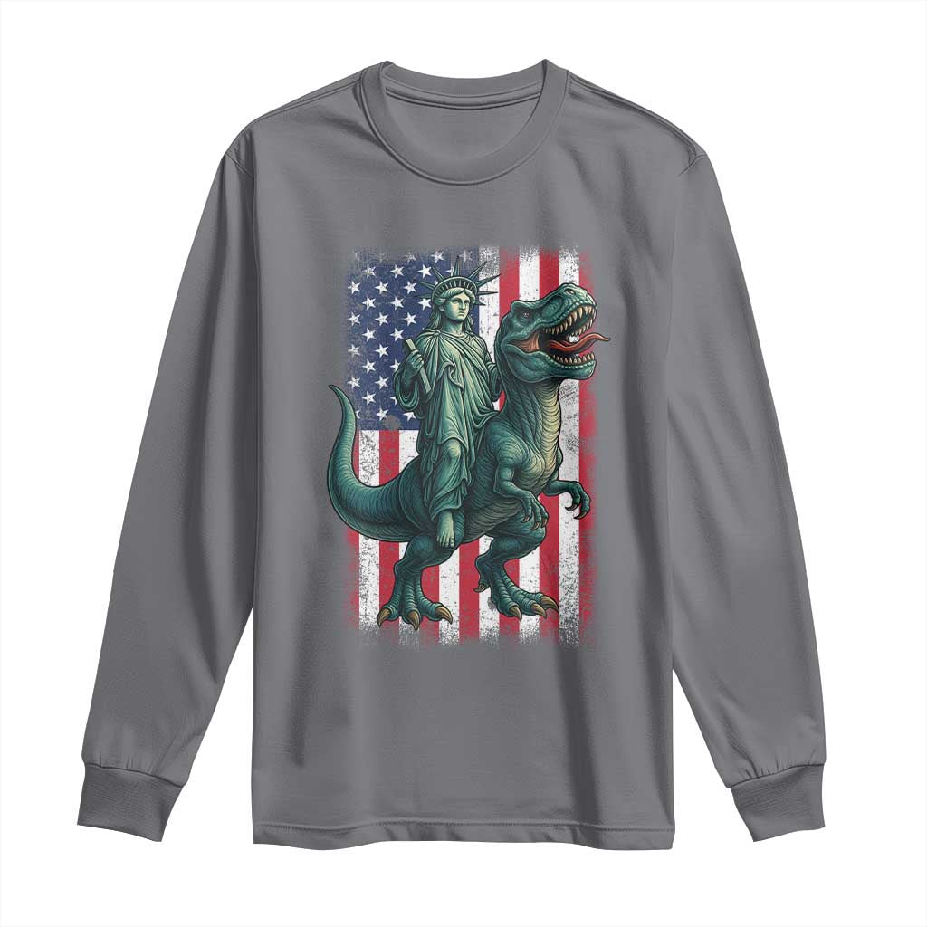 Funny Dinosaur Statue Of Liberty 4th Of July Long Sleeve Shirt American Flag TS11 Charcoal Print Your Wear