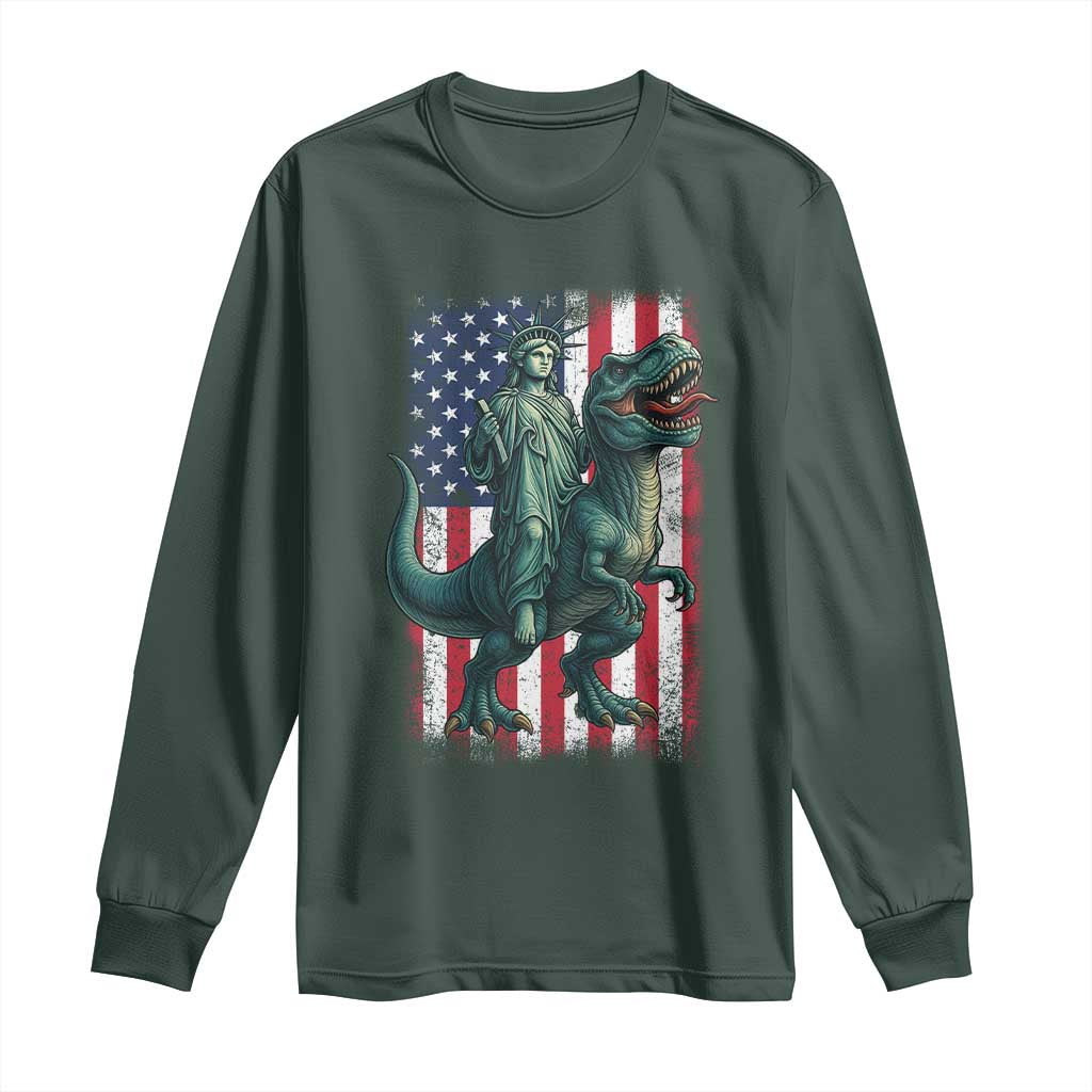 Funny Dinosaur Statue Of Liberty 4th Of July Long Sleeve Shirt American Flag TS11 Dark Forest Green Print Your Wear