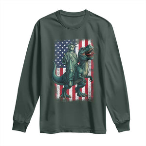 Funny Dinosaur Statue Of Liberty 4th Of July Long Sleeve Shirt American Flag TS11 Dark Forest Green Print Your Wear