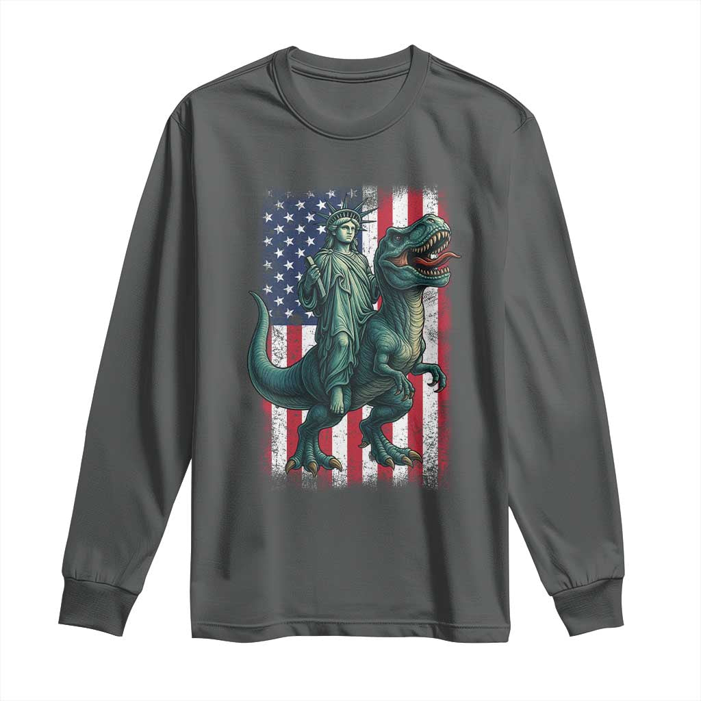 Funny Dinosaur Statue Of Liberty 4th Of July Long Sleeve Shirt American Flag TS11 Dark Heather Print Your Wear