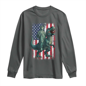 Funny Dinosaur Statue Of Liberty 4th Of July Long Sleeve Shirt American Flag TS11 Dark Heather Print Your Wear