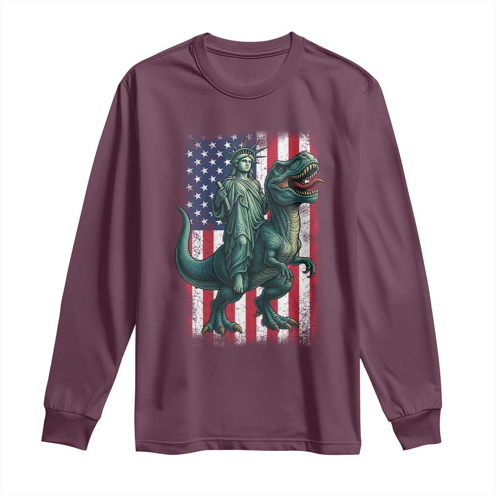 Funny Dinosaur Statue Of Liberty 4th Of July Long Sleeve Shirt American Flag TS11 Maroon Print Your Wear