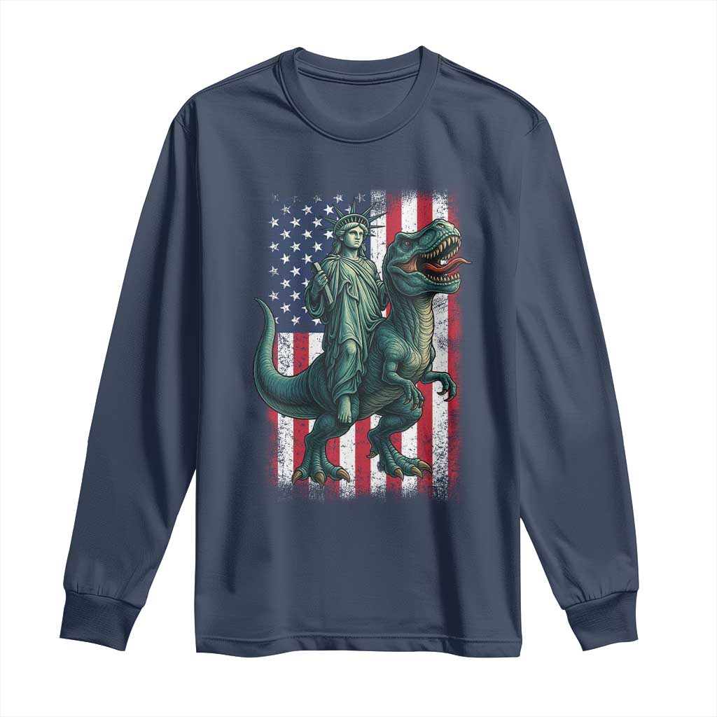 Funny Dinosaur Statue Of Liberty 4th Of July Long Sleeve Shirt American Flag TS11 Navy Print Your Wear