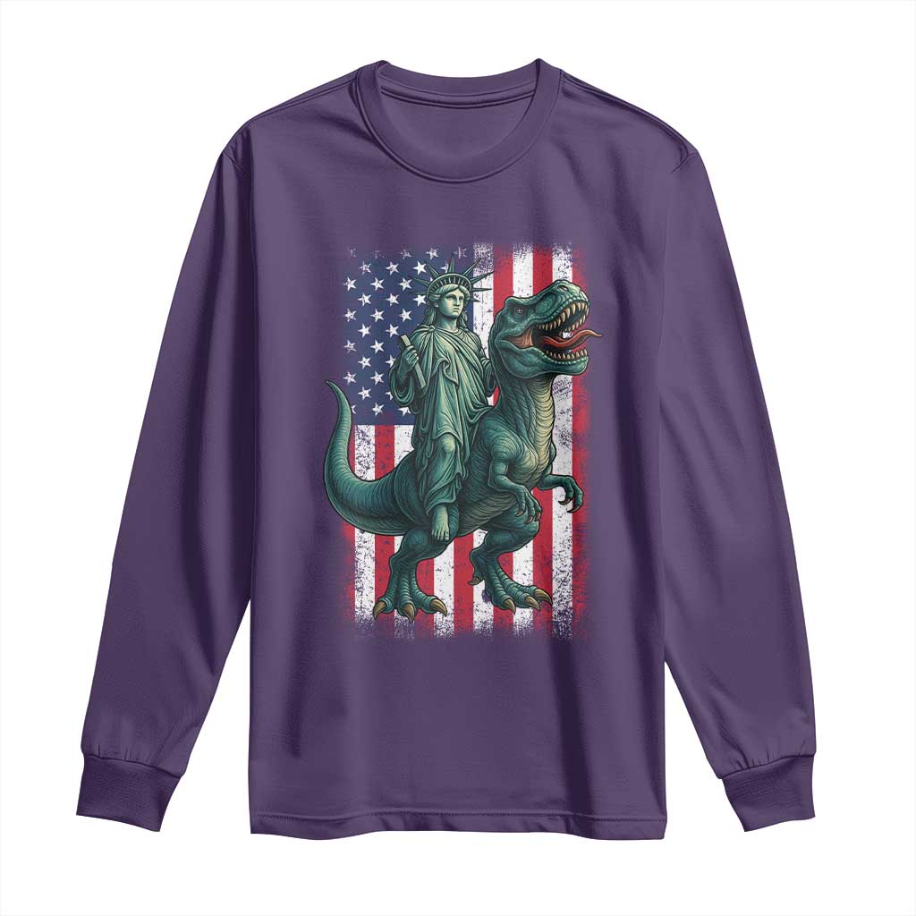 Funny Dinosaur Statue Of Liberty 4th Of July Long Sleeve Shirt American Flag TS11 Purple Print Your Wear