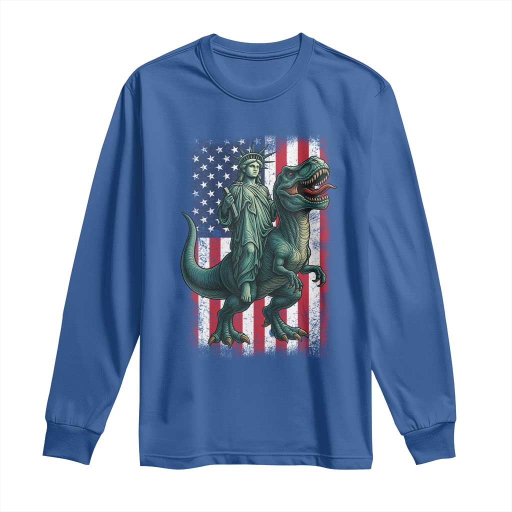Funny Dinosaur Statue Of Liberty 4th Of July Long Sleeve Shirt American Flag TS11 Royal Blue Print Your Wear