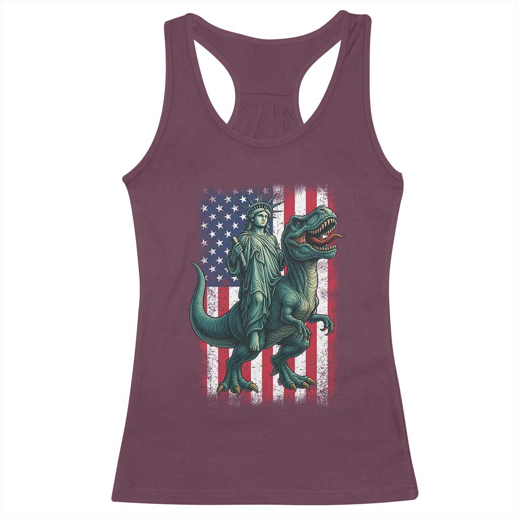 Funny Dinosaur Statue Of Liberty 4th Of July Racerback Tank Top American Flag TS11 Maroon Print Your Wear