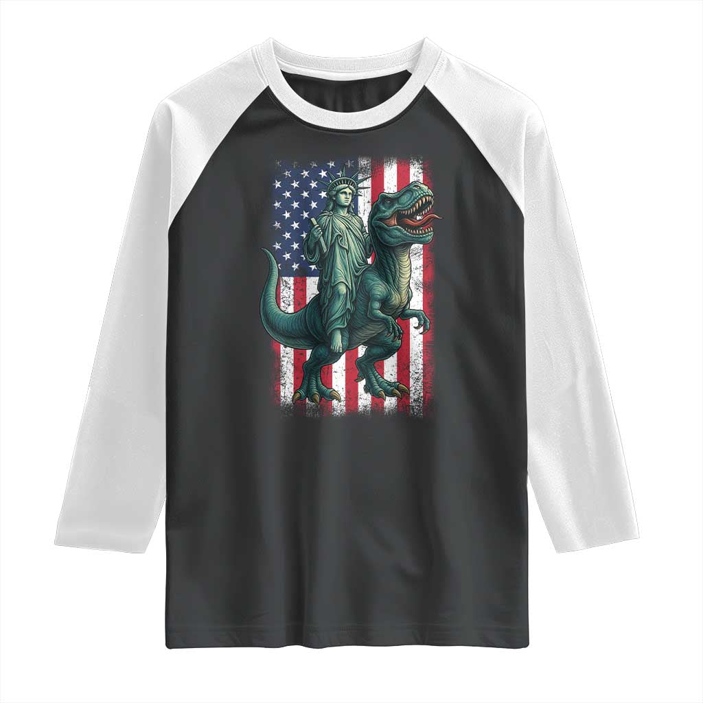 Funny Dinosaur Statue Of Liberty 4th Of July Raglan Shirt American Flag TS11 Black White Print Your Wear