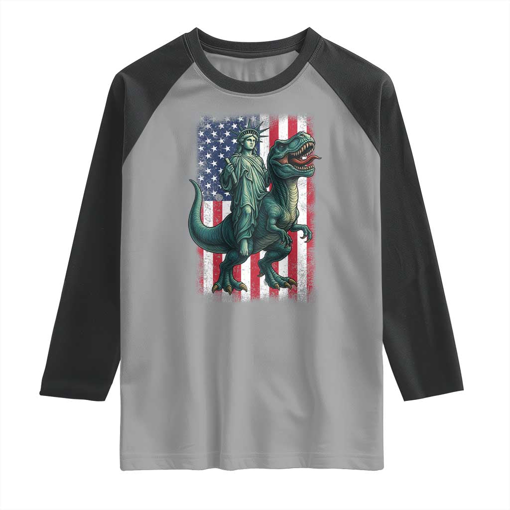 Funny Dinosaur Statue Of Liberty 4th Of July Raglan Shirt American Flag TS11 Sport Gray Black Print Your Wear