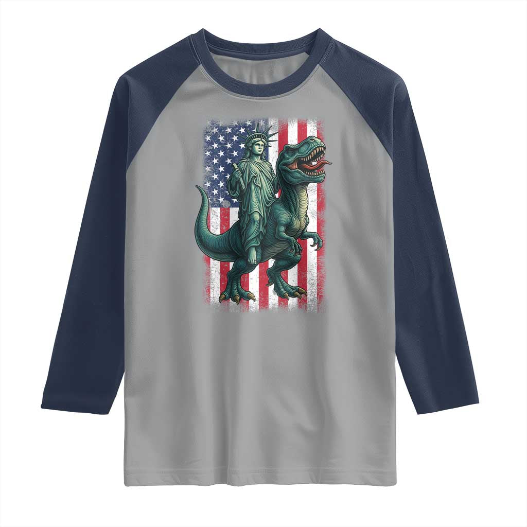 Funny Dinosaur Statue Of Liberty 4th Of July Raglan Shirt American Flag TS11 Sport Gray Navy Print Your Wear
