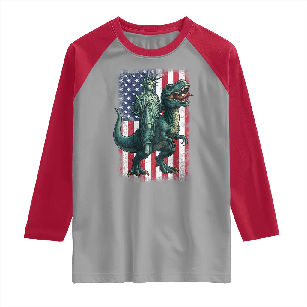 Funny Dinosaur Statue Of Liberty 4th Of July Raglan Shirt American Flag TS11 Sport Gray Red Print Your Wear