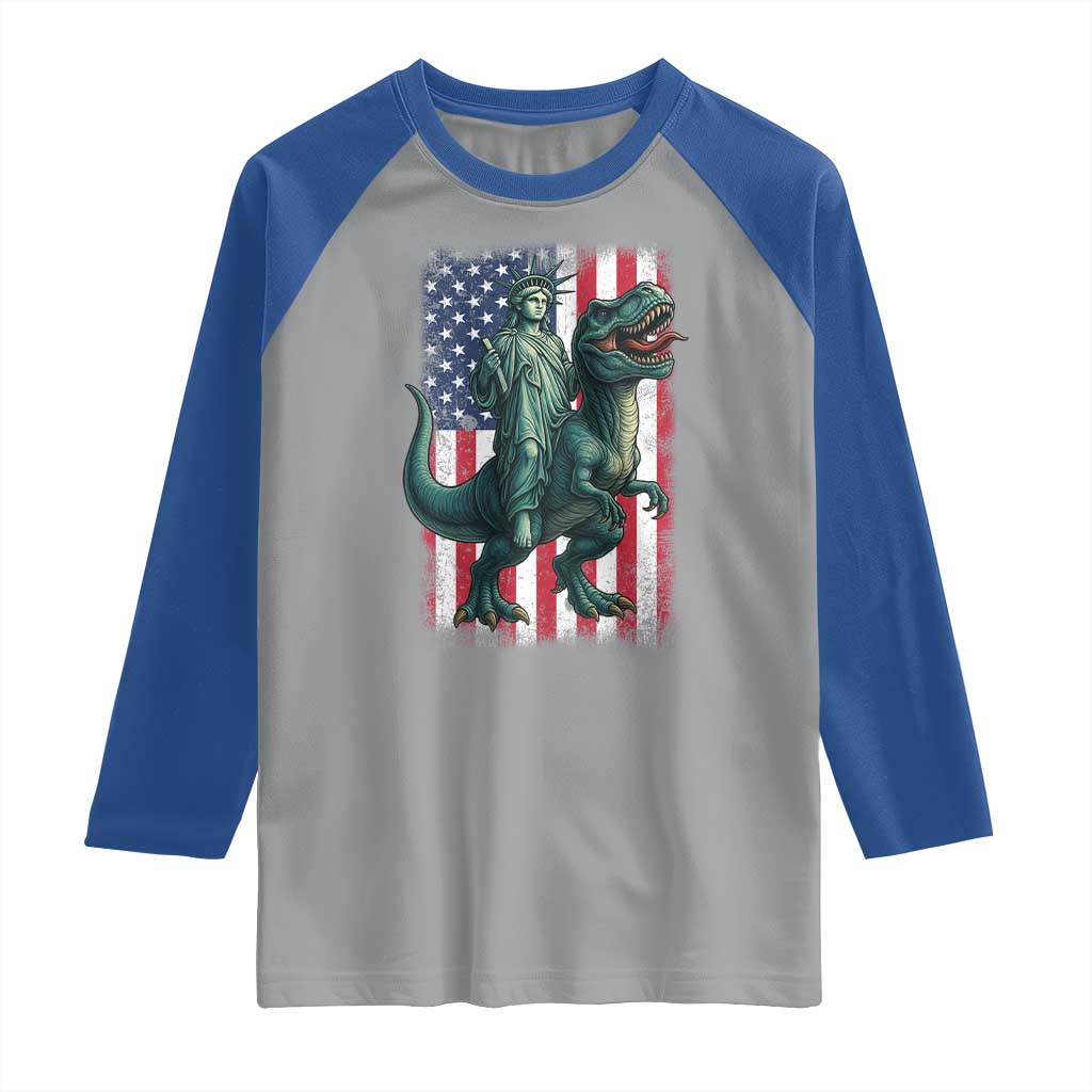 Funny Dinosaur Statue Of Liberty 4th Of July Raglan Shirt American Flag TS11 Sport Gray Royal Print Your Wear