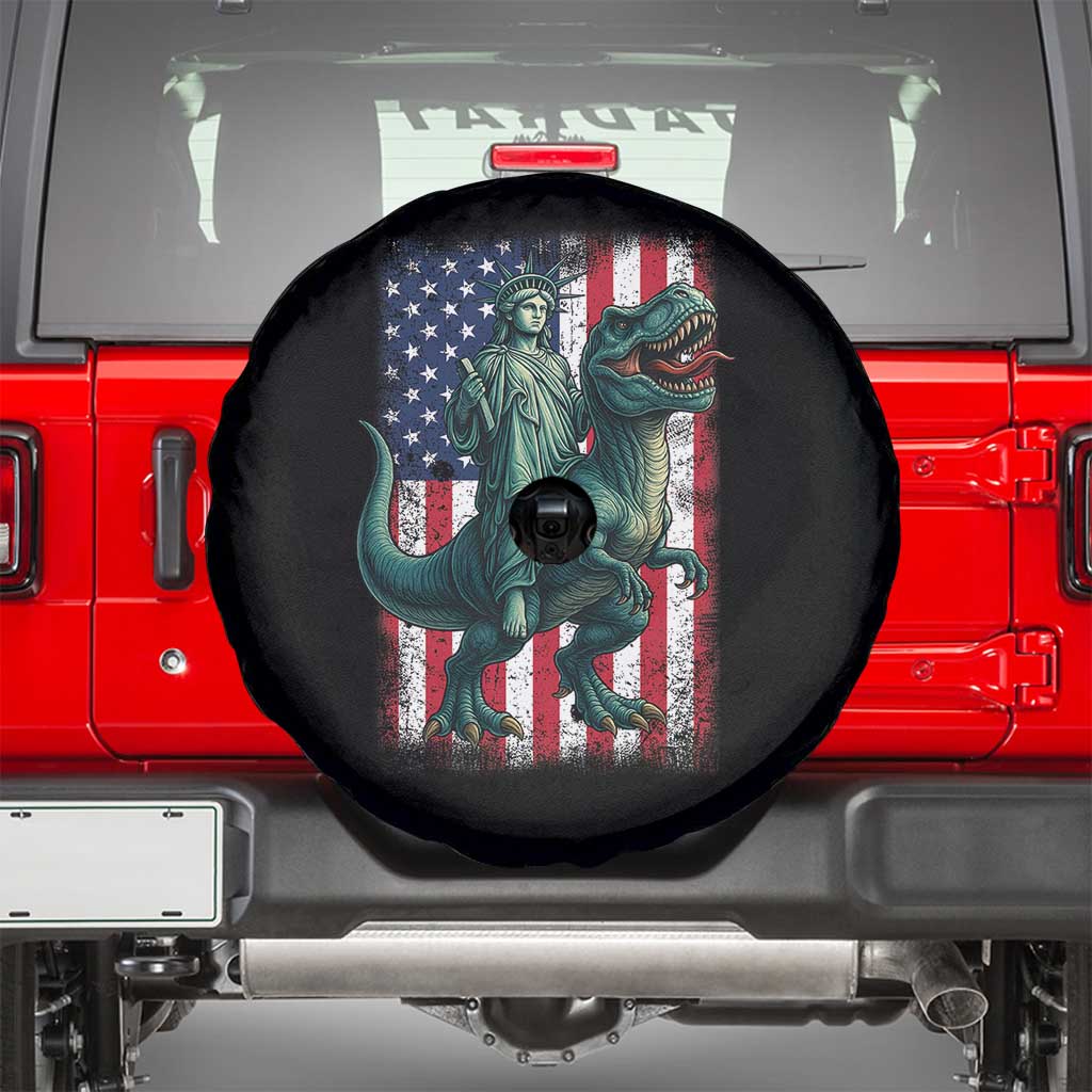 Funny Dinosaur Statue Of Liberty 4th Of July Spare Tire Cover American Flag TS11 Black Print Your Wear