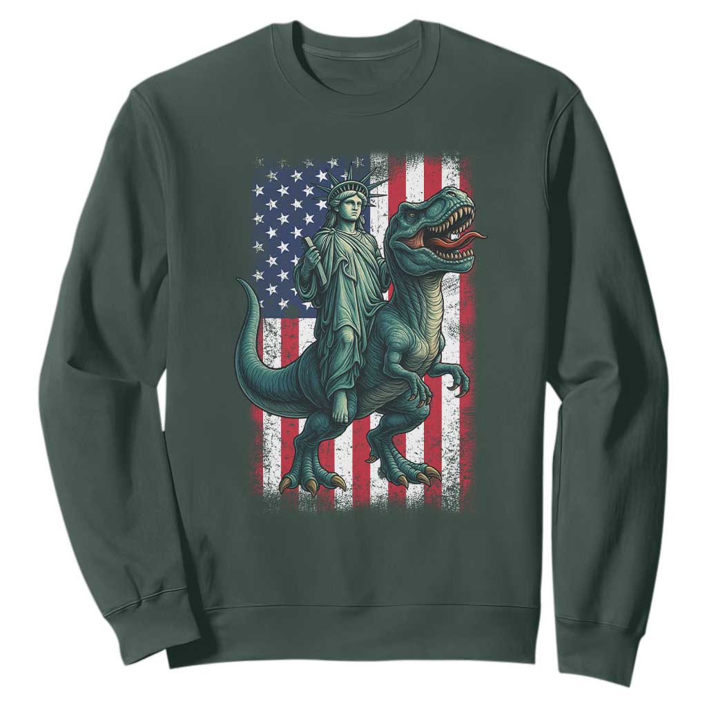 Funny Dinosaur Statue Of Liberty 4th Of July Sweatshirt American Flag TS11 Dark Forest Green Print Your Wear