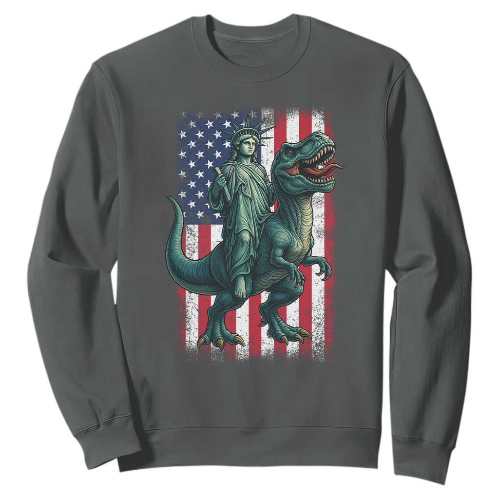 Funny Dinosaur Statue Of Liberty 4th Of July Sweatshirt American Flag TS11 Dark Heather Print Your Wear